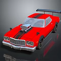 Red Sports Car With Black Stripes Open Hood Engine And Rear Spoiler