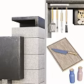 Stone Outdoor Cooking Station With Black Countertop Firewood And Cooking Utensils