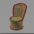 Stylish Woven Rattan Chair With Red Trim And Green Decorative Accents