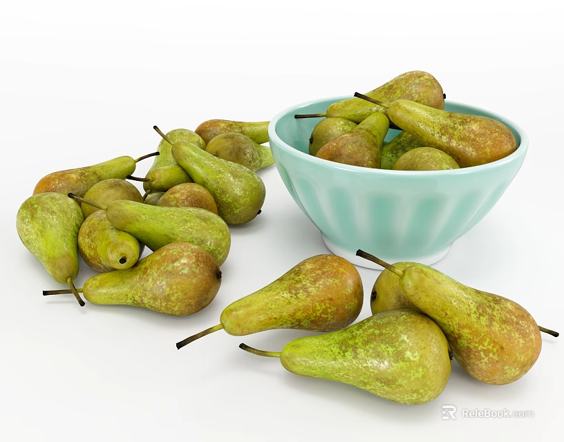 Pile of Fresh Pears and Light Blue Bowl Filled with Ripe Pears 3d model 