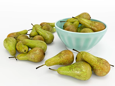 Pile of Fresh Pears and Light Blue Bowl Filled with Ripe Pears 3d model