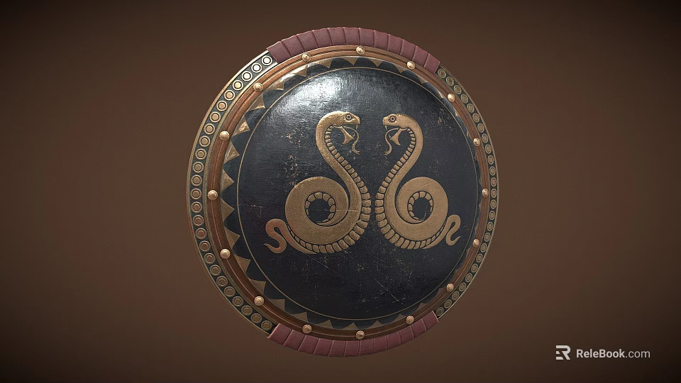 Ancient Decorative Shield with Golden Twin Snake Design Black Surface and Ornate Red Rim 3d model 