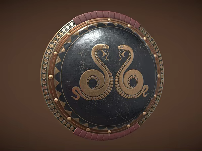 Ancient Decorative Shield with Golden Twin Snake Design Black Surface and Ornate Red Rim 3d model