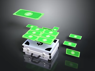 Silver Metal Box With Green Dollar Bills Flying Out On Black Background 3d model