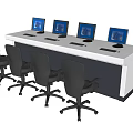 Office Desk with Four Computer Monitors Black Office Chairs White Black Design Modern Workspace