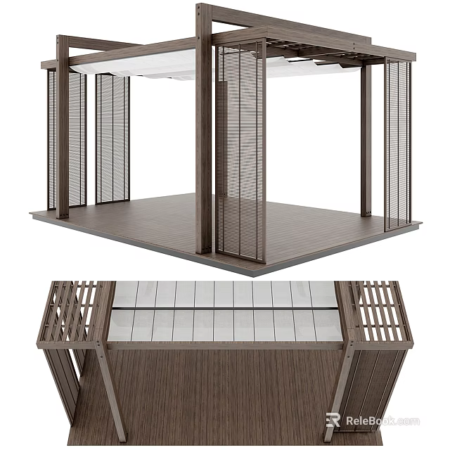 Wooden Pergola Structure With Lattice Side Panels And Wooden Floor Design 3d model 