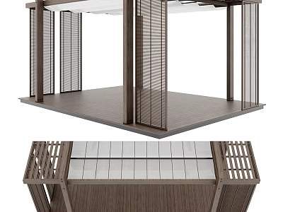 Wooden Pergola Structure With Lattice Side Panels And Wooden Floor Design 3d model