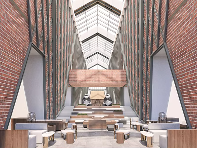 Spacious Bright Lounge Area With Brick Walls Glass Skylights And Panda Sculptures 3d model