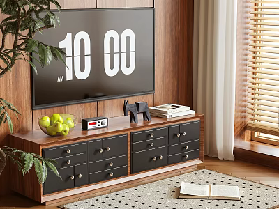 Wooden TV Stand With Drawers Cabinets Green Fruits Bowl Books And Large Screen TV 3d model