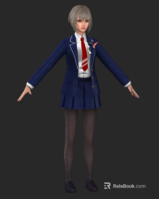 Woman Wearing Blue School Uniform Blazer White Shirt Red Tie Pleated Skirt Patterned Tights 3d model 