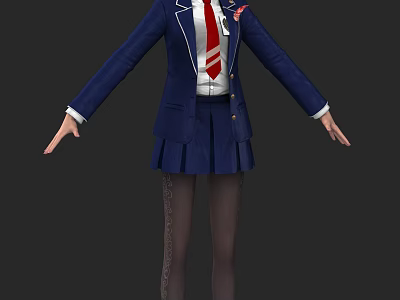 Woman Wearing Blue School Uniform Blazer White Shirt Red Tie Pleated Skirt Patterned Tights 3d model