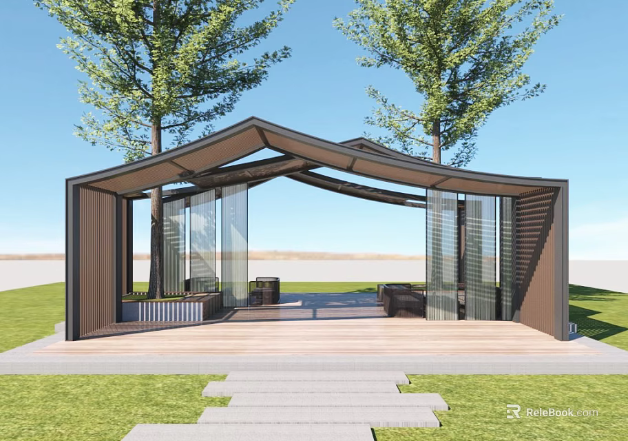 Modern Outdoor Pergola With Glass Panels Wooden Structure Stone Path And Green Lawn 3d model 