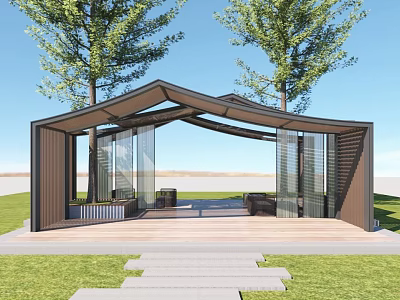 Modern Outdoor Pergola With Glass Panels Wooden Structure Stone Path And Green Lawn 3d model