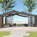 Modern Outdoor Pergola With Glass Panels Wooden Structure Stone Path And Green Lawn