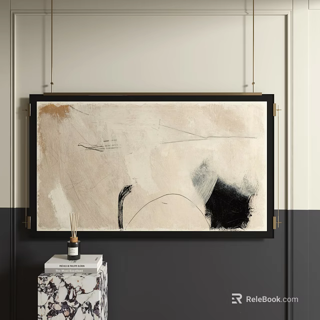 Modern Abstract Painting With Black Frame Beige Background And Minimalist Brush Strokes 3d model 