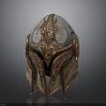 Ornate Bronze Helmet With Intricate Carved Patterns And Shiny Metallic Surface