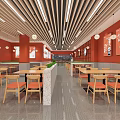 Modern Restaurant Interior Design With Red Wall Wooden Tables Bench Seats And Hanging Decor Plates