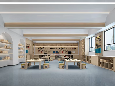 School Bright Craft Classroom With Wooden Tables Stools Storage Shelves And Tools 3d model