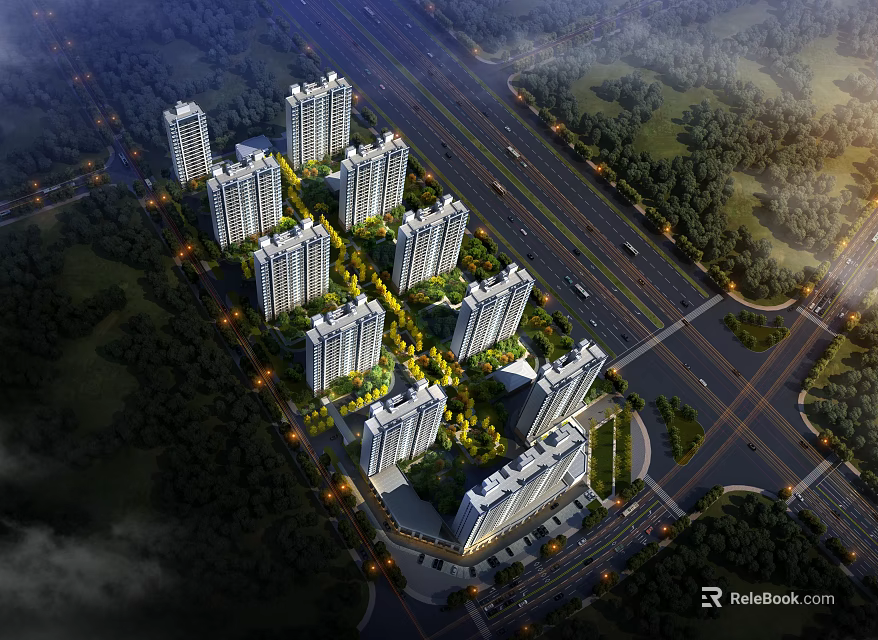 Aerial View Planning Of Residential Complex With High Rise Buildings Green Spaces And Road Network 3d model 