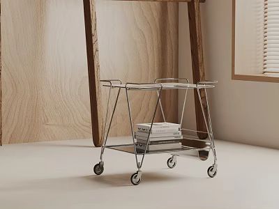 Wheeled Metal Frame Side Table With Multi layer Shelf And Books Near Wooden Wall Window 3d model