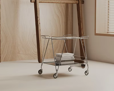 Wheeled Metal Frame Side Table With Multi layer Shelf And Books Near Wooden Wall Window 3d model