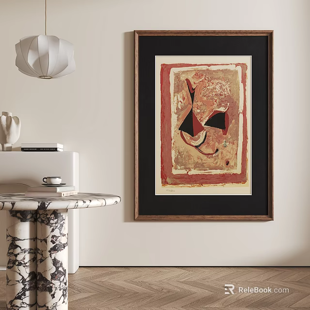 Framed Abstract Painting on Wall in Modern Interior With Lamp and Marble Table 3d model
