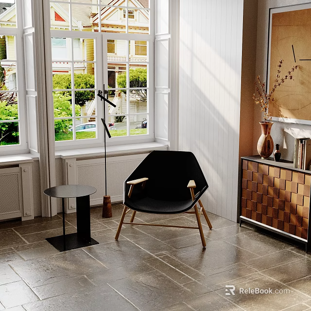 Modern Living Room Interior With Black Chair Small Table And Floor Lamp 3d model 