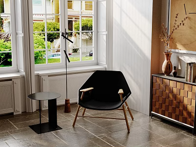 Modern Living Room Interior With Black Chair Small Table And Floor Lamp 3d model