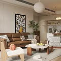 Warm Modern Living And Dining Room Interior With Brown Sofa Coffee Table And Pendant Lights