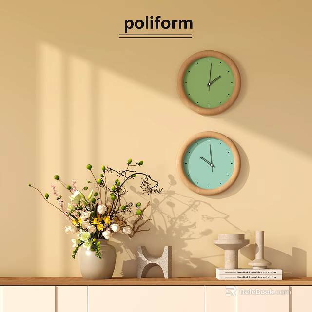 Two Round Wall Clocks with Green Light Blue Dials and Wooden Frames on Beige Wall 3d model 