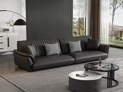 Modern Black Leather Sectional Sofa with Plaid Cushions in Living Room on Grey Rug and Round Coffee Tables 3d model