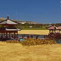 Traditional Chinese Pavilions by Water Pond in Open Grassland with Distant Mountains and Blue Sky