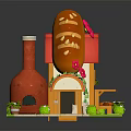 Cartoon Building with Red Roof White Walls Red Bottle Structure Chicken Leg Decoration Green Lawn