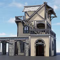 Traditional Stone Base Two Story Cottage With Yellow Walls Gray Roof And Balcony