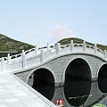 Stone Arch Bridge Featuring White Railings and Lotus Flowers on Water with Green Hills