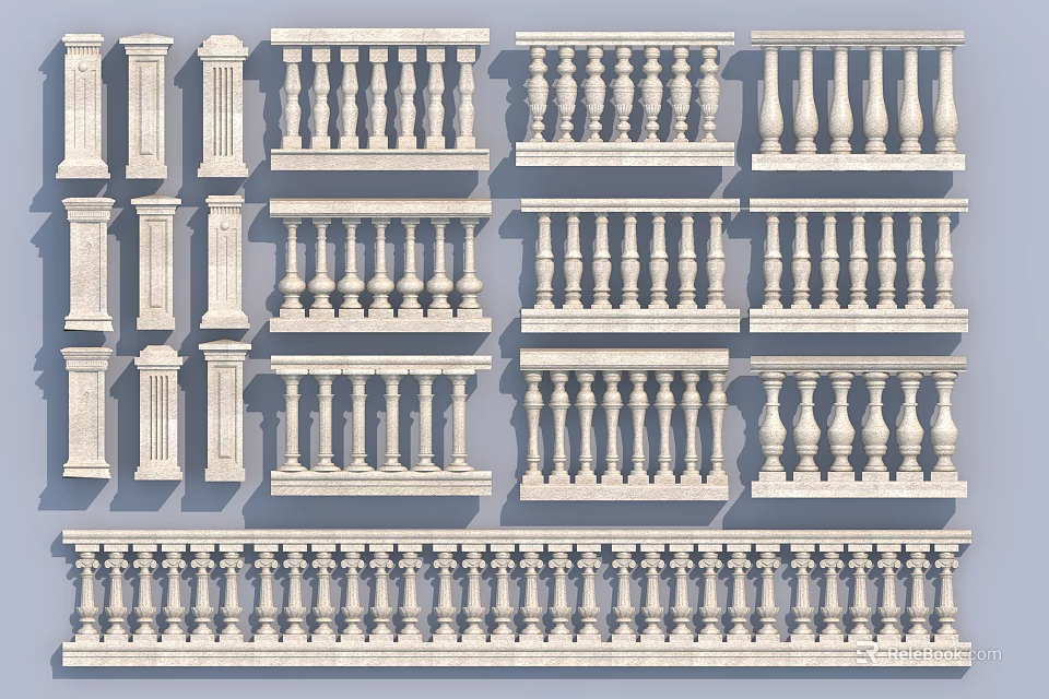 Different Styles of Stone Railings With Ornate Balusters And Architectural Details 3d model 