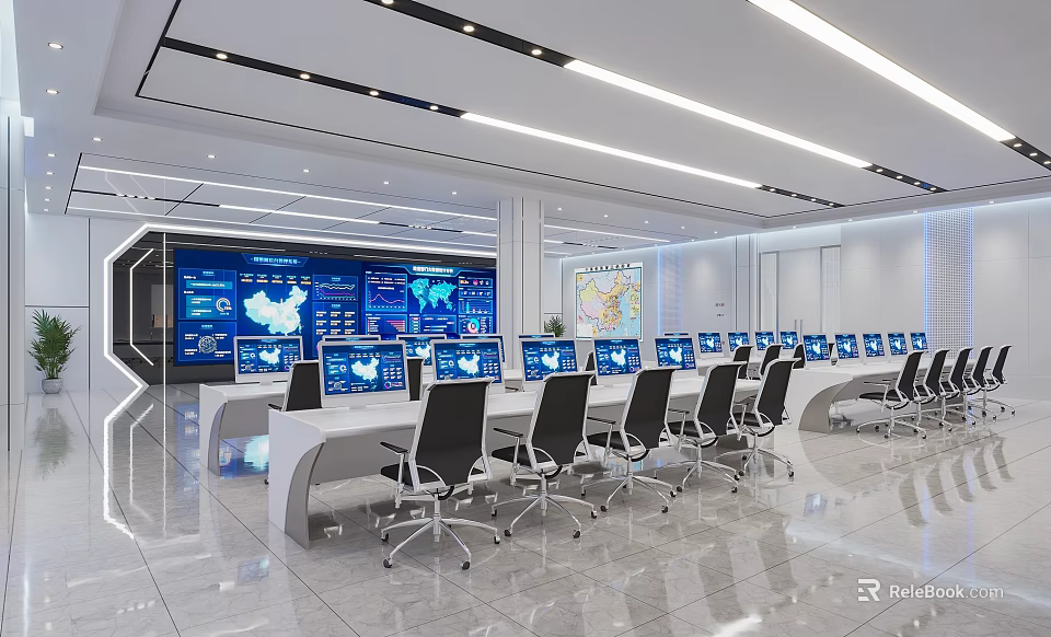 Modern Monitoring Room Interior With Multiple Display Screens Control Consoles And Office Chairs 3d model 