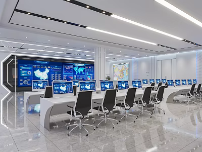 Modern Monitoring Room Interior With Multiple Display Screens Control Consoles And Office Chairs 3d model