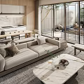 Modern Living Room Interior With Beige Sofa Marble Coffee Table And Floor to Ceiling Windows