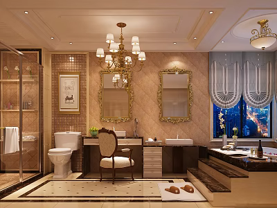 Luxurious Hotel Bathroom With Chandelier Gold Framed Mirrors And Marble Bathtub Windows 3d model