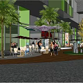 Vibrant Commercial Street With Modern Buildings Shops Pedestrians Cars Outdoor Seating And Greenery