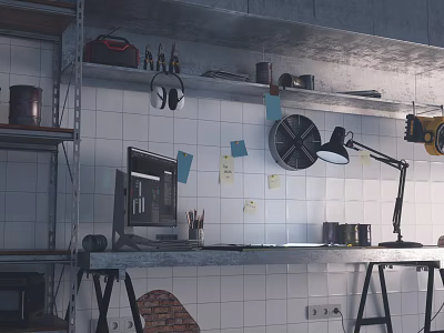 Organized Modern Desk Setup With Computer Monitor Desk Lamp Sticky Notes And Tiled Wall 3d model