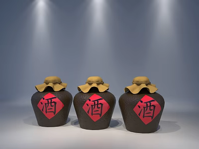 Three Black Wine Jars With Yellow Lids And Red Chinese Characters Under Spotlight Illumination 3d model
