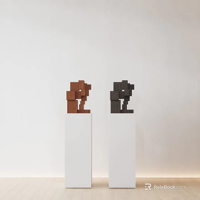Brown And Black Block Sculptures On White Pedestals With Light Background 3d model 