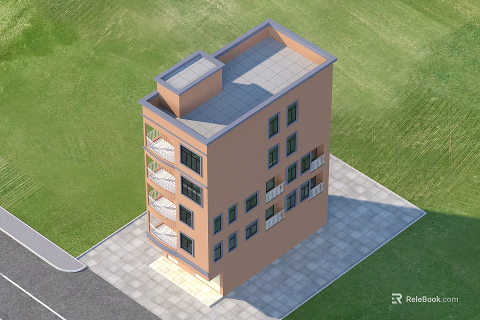 Detached Villa With Multi Story Brown Exterior Balconies Green Lawn And Paved Area 3d model 