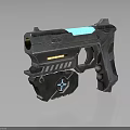 Futuristic 3D Rendered Metallic Pistol With Blue Accents And Glowing Elements