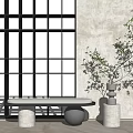 Minimalist Sofa Bench With Grid Window Light Colored Wall Plant Vase and Wooden Floor