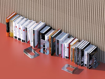 Books and Magazines Placed on Red Tabletop With Metal Bookends Near Striped Wall 3d model