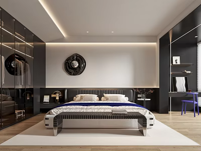 Modern Bedroom Interior Design Featuring Bed Pillows Circular Wall Decor Mirrored Wardrobes Desk Blue Chair 3d model
