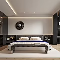 Modern Bedroom Interior Design Featuring Bed Pillows Circular Wall Decor Mirrored Wardrobes Desk Blue Chair